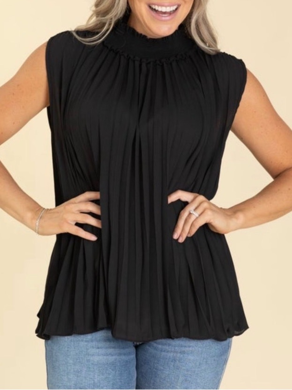 Haptics Medium Sleeveless Pleated Mock Neck Top - Black-NWOT
